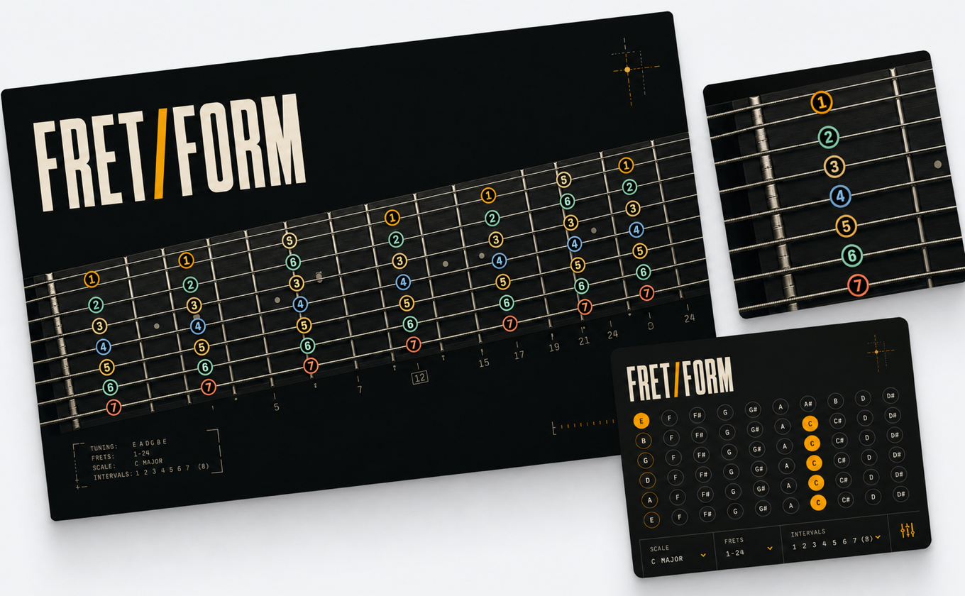 Fretform guitar scale visualizer showing interval patterns across a guitar fretboard