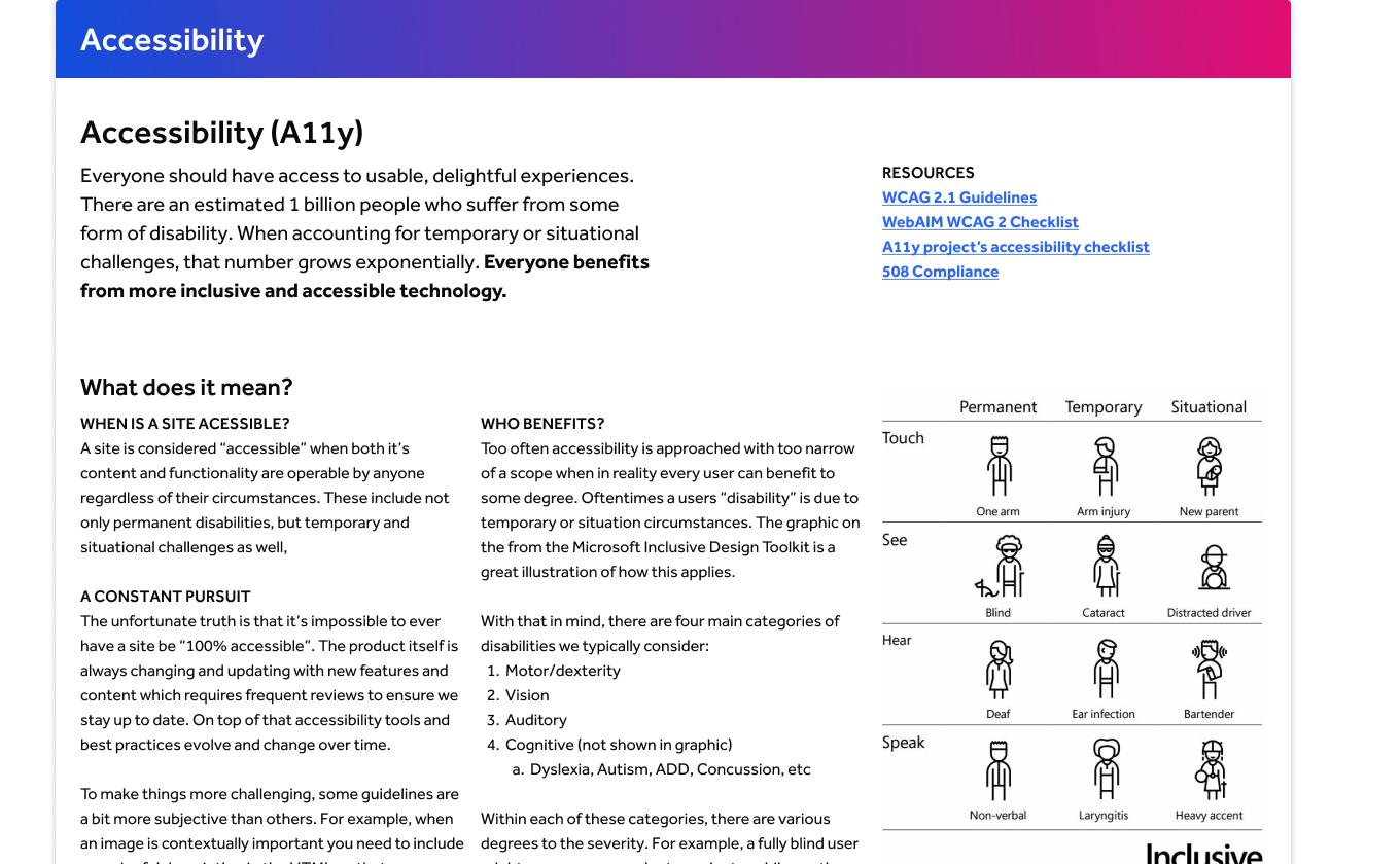 Screenshot of the accessibility guidelines overview page