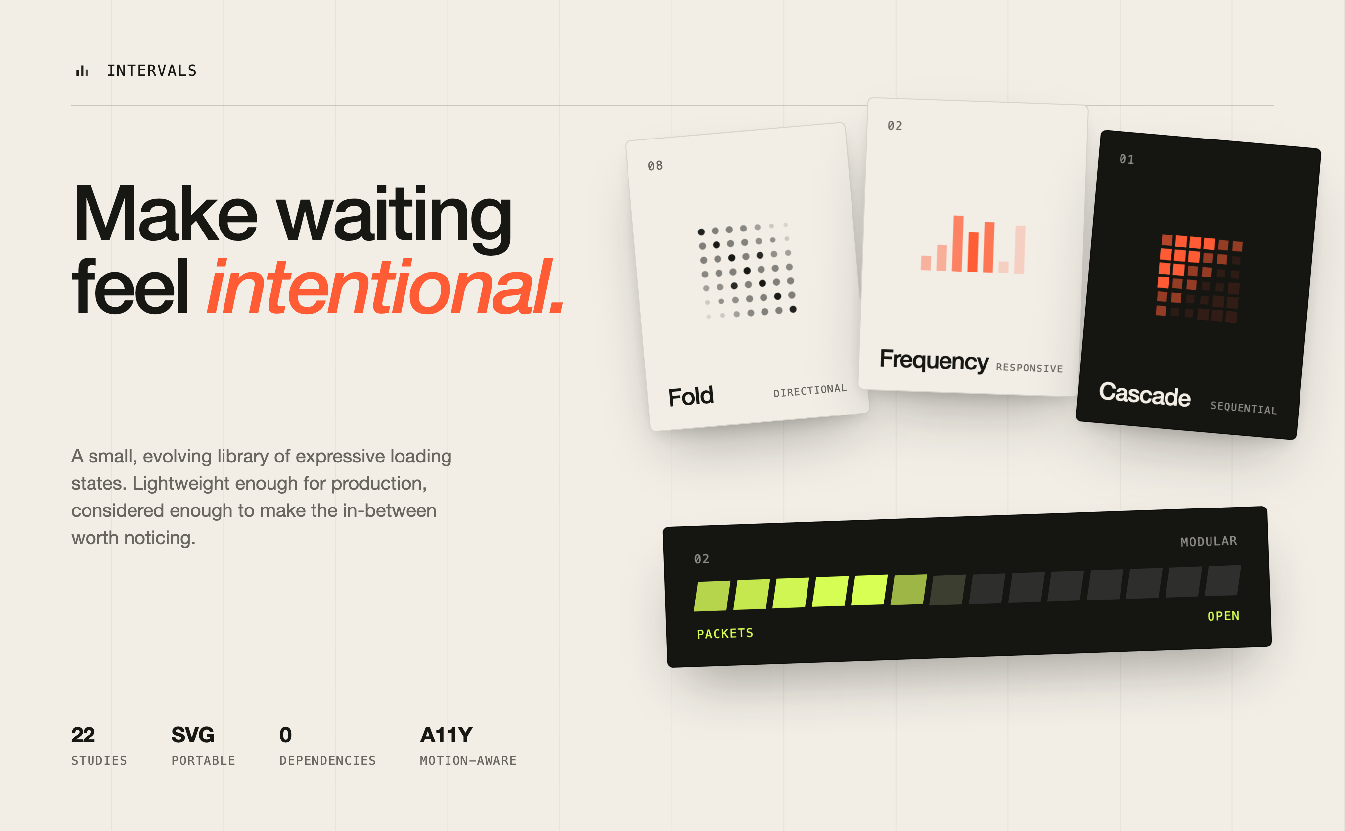 Intervals loading animation library showing dot, bar, pixel, and progress loaders on cards