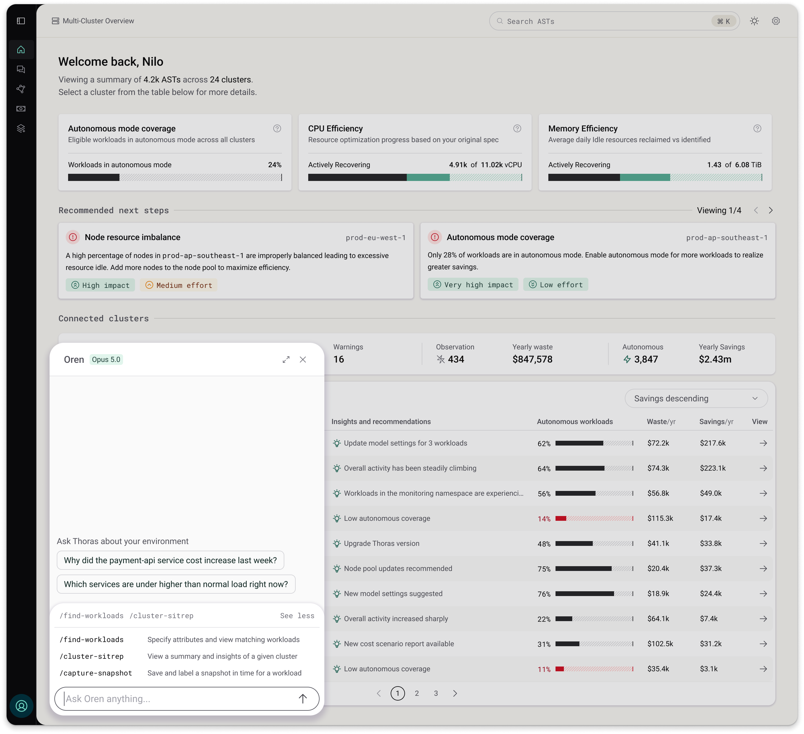 Thoras multi-cluster overview showing optimization recommendations, cluster savings, and the Oren assistant