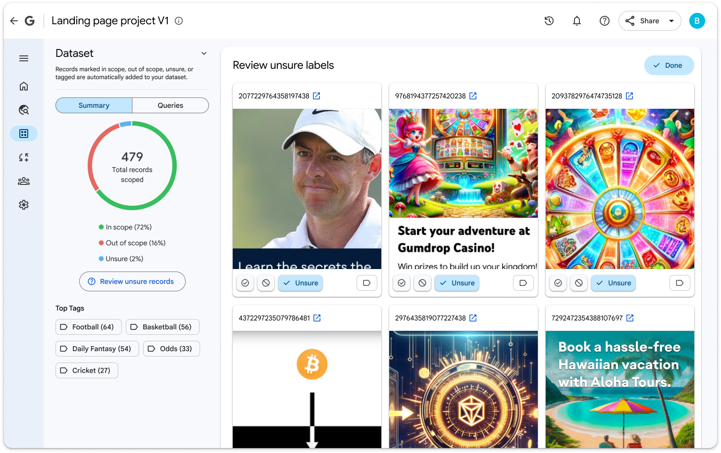 Golden set review interface for labeling ads as in-scope, out-of-scope, or unsure