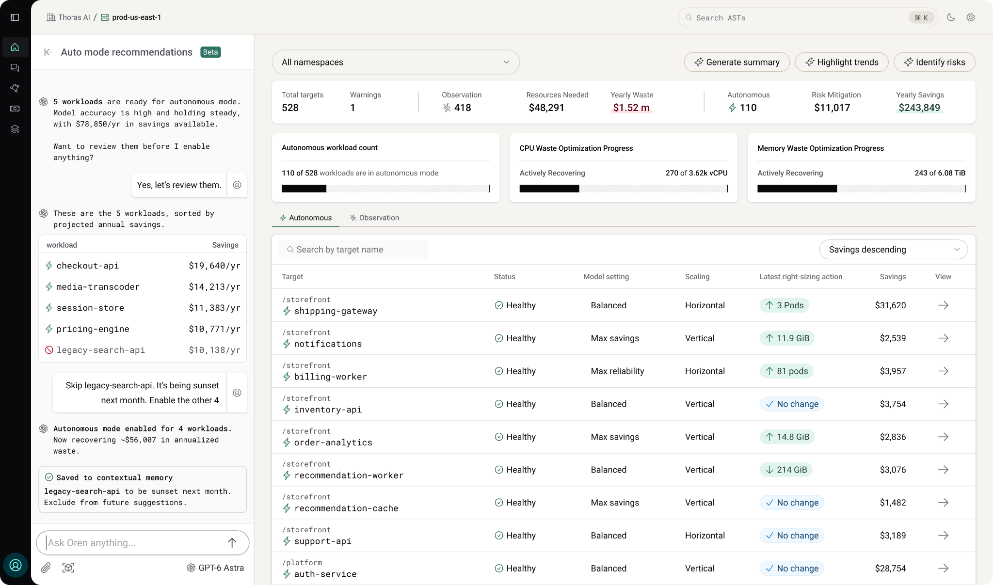 Thoras agentic workflow: Oren proposes autonomous optimization, an operator excludes a workload, and Oren saves that exception for future suggestions beside the infrastructure dashboard.
