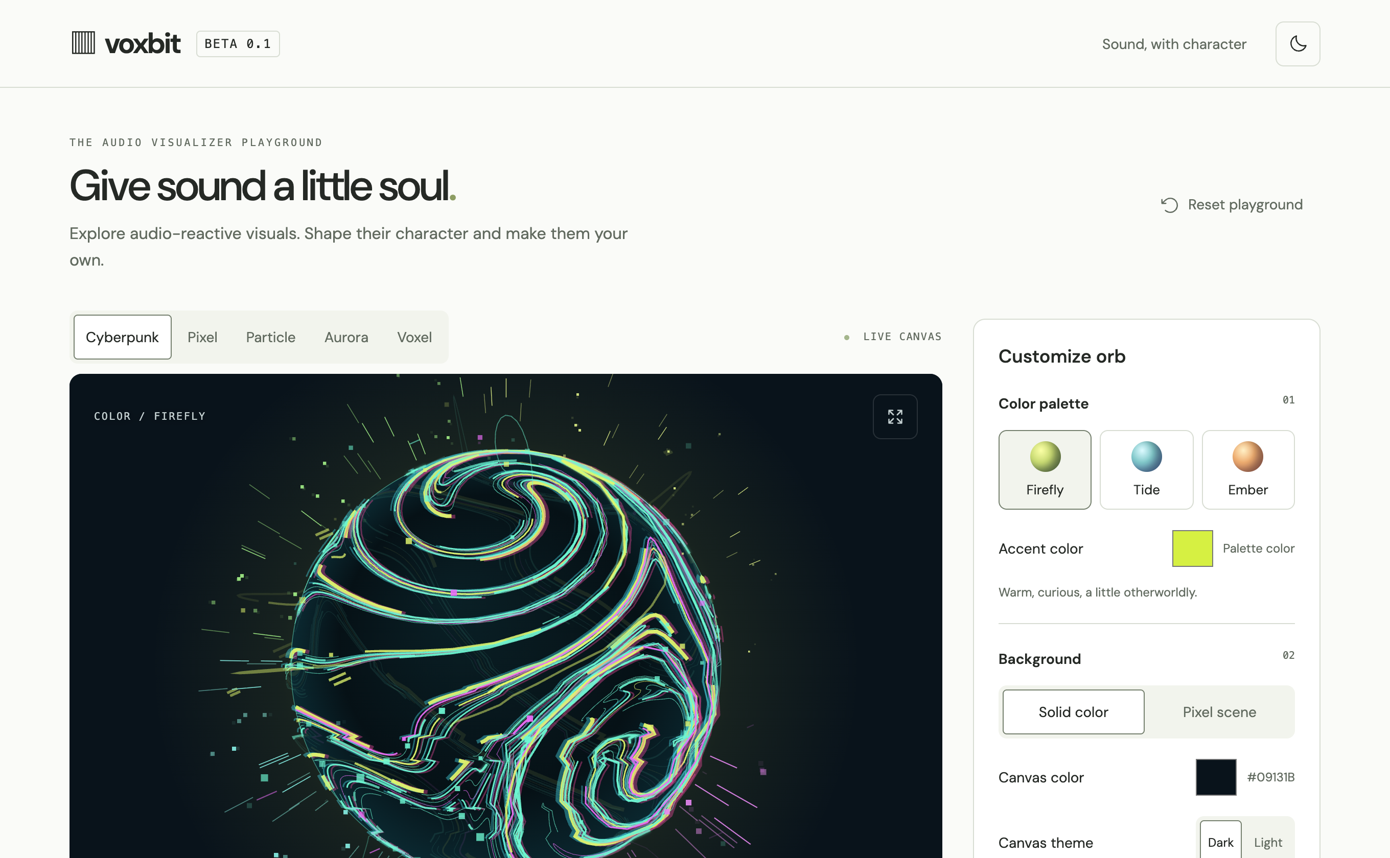 Voxbit audio visualizer playground showing a cyberpunk orb reacting to sound beside its customization panel